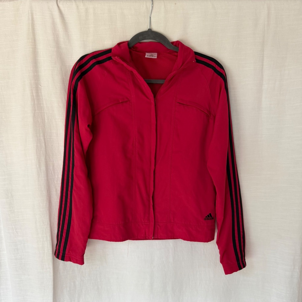 Adidas Womens Track Jacket Red Black Stripe Full Zip Mesh Lined Pockets Sporty